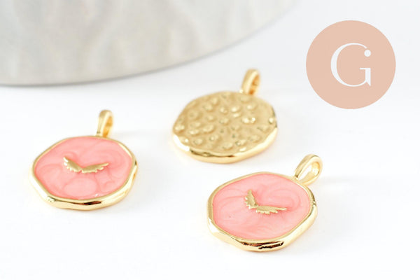 Pendentif médaille rond lune émail rose doré, pendentif lune laiton émaillé,sans nickel,18mm, x1 (G4270)