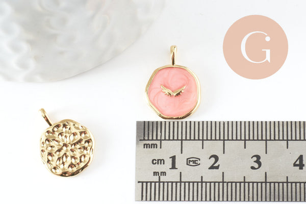 Pendentif médaille rond lune émail rose doré, pendentif lune laiton émaillé,sans nickel,18mm, x1 (G4270)