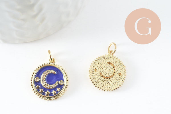 Pendentif médaille rond lune étoiles émail bleu laiton doré zircons, pendentif laiton émaillé,sans nickel,18mm, x1 (G5270)