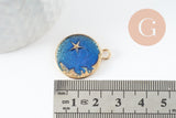Pendentif médaille rond lune étoiles émail bleu zamac doré 25mm, pendentif laiton émaillé,sans nickel, x1 (G5838)