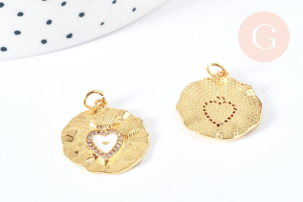 Pendentif médaille ronde Cœur émail blanc et zircons laiton doré 18K 22mm, x1 (G7133)
