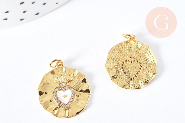 Pendentif médaille ronde Cœur émail blanc et zircons laiton doré 18K 22mm, x1 (G7133)