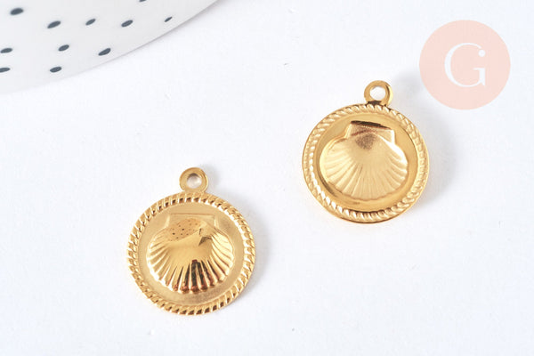 Pendentif médaille ronde Coquillage acier 316 doré inoxydable 18mm, x1 (G7126)