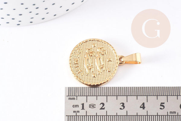 Pendentif médaille ronde Gémaux acier 304 inoxydable doré à graver, x1 (G6115)