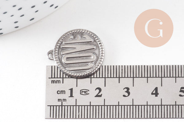 Pendentif médaille ronde LOVE acier 201 inoxydable platine 21mm, x1 (G10799)