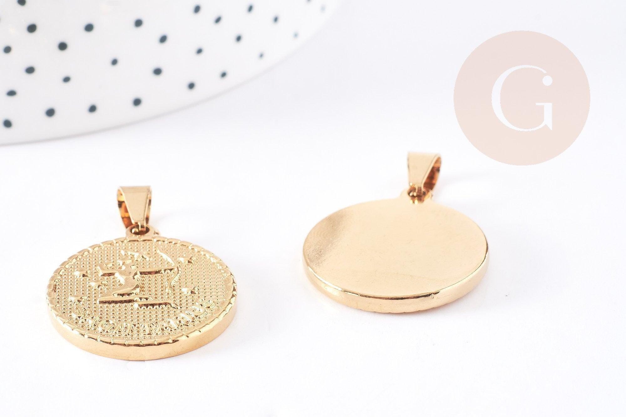 Pendentif médaille ronde Sagittaire acier 304 inoxydable doré à graver, x1 (G2077)