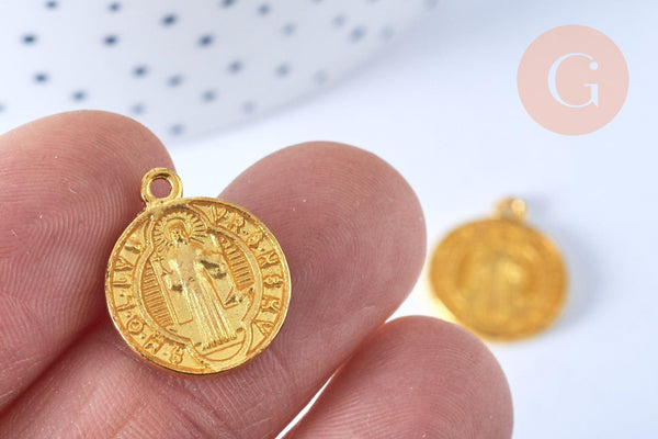 Pendentif médaille ronde Saint Benoit laiton doré émail jaune 18mm, x1 (G5498)