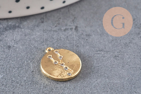 Pendentif médaille ronde Taureau laiton doré 18K, un pendentif doré astrologique création bijoux sans nickel,16mm, x1 (G4924)