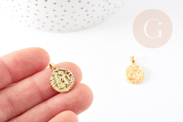 Pendentif médaille ronde Vierge laiton doré 18K 16.5mm, un pendentif doré astrologique création bijoux, x1 G3644