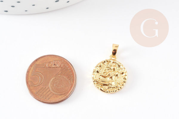 Pendentif médaille ronde Vierge laiton doré 18K 16.5mm, un pendentif doré astrologique création bijoux, x1 G3644