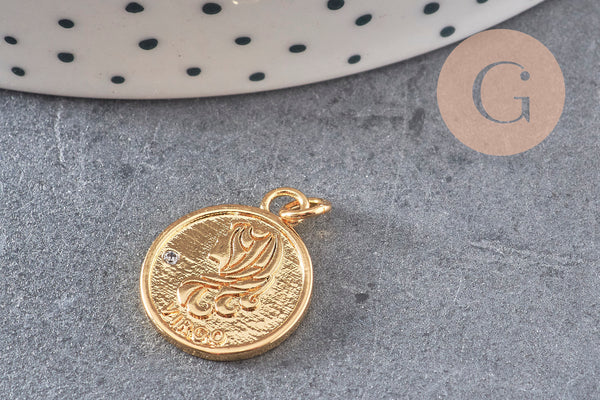 Pendentif médaille ronde Vierge laiton doré 18K, pendentif doré astrologique création bijoux sans nickel,18mm, x1 (G5332)