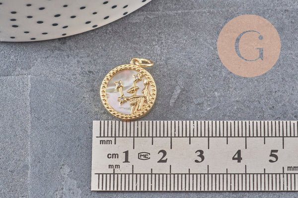 Pendentif médaille ronde Vierge nacre laiton doré 18K zircons,pendentif doré astrologique création bijoux sans nickel,17.5mm, x1 (G3481)