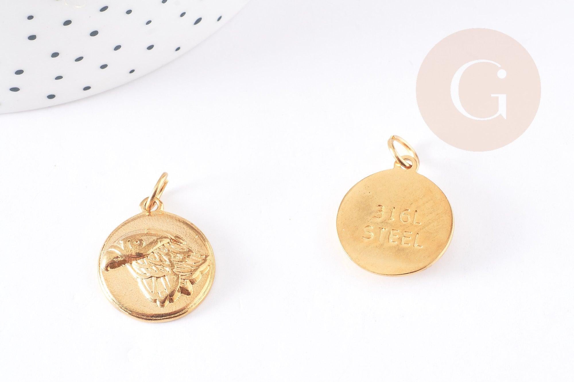Pendentif médaille ronde aigle acier inoxydable doré,pendentif doré sans nickel,médaille or,2.2cm,x1 (G4056)