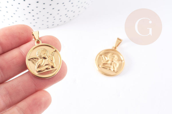 Pendentif médaille ronde ange acier 304 inoxydable doré 23mm, x1 (G0140)