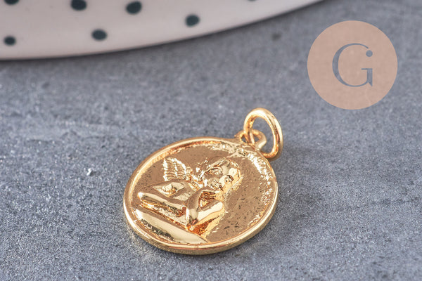 Pendentif médaille ronde ange laiton doré 18K 16.5mm, x1 (G5292)
