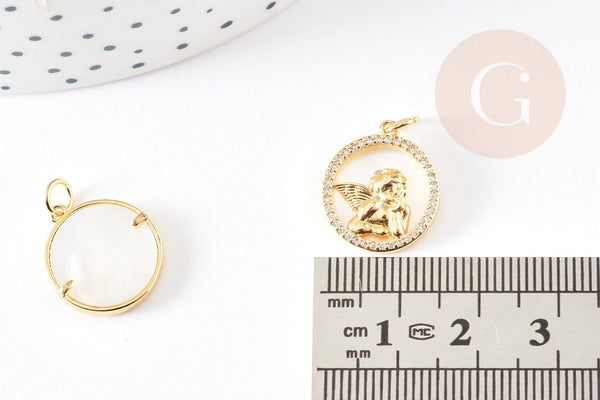 Pendentif médaille ronde ange laiton doré nacre et zircon, pendentif nacre et laiton doré pour création,médaille or,17.5mm, x1 G3569