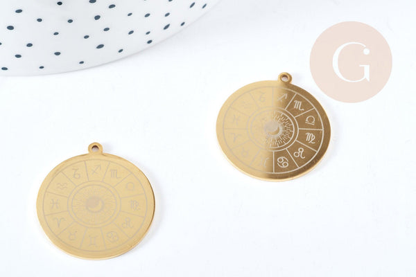 Pendentif médaille ronde astrologie acier 201 inoxydable doré 27.5mm, x1 (G6123)
