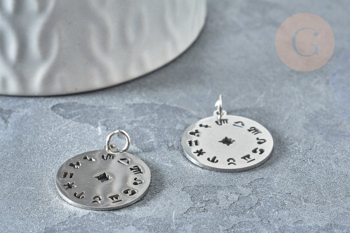 Pendentif médaille ronde astrologie argenté acier inoxydable 22mm,signe astrologique, , x1 G7602