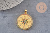 Pendentif médaille ronde boussole étoile laiton doré 18K zircons 25.5mm, x1 (G3554)