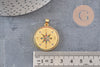 Pendentif médaille ronde boussole étoile laiton doré 18K zircons 25.5mm, x1 (G3554)