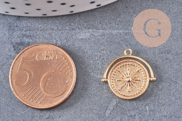 Pendentif médaille ronde boussolle étoile laiton doré 18K, un pendentif doré boussole pour création bijoux, x1 (G6080)