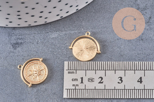 Pendentif médaille ronde boussolle étoile laiton doré 18K, un pendentif doré boussole pour création bijoux, x1 (G6080)