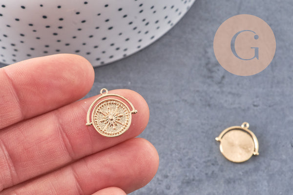 Pendentif médaille ronde boussolle étoile laiton doré 18K, un pendentif doré boussole pour création bijoux, x1 (G6080)