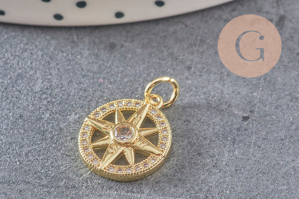 Pendentif médaille ronde boussolle étoile laiton doré 18K zircons 16mm, x1 (G3586)