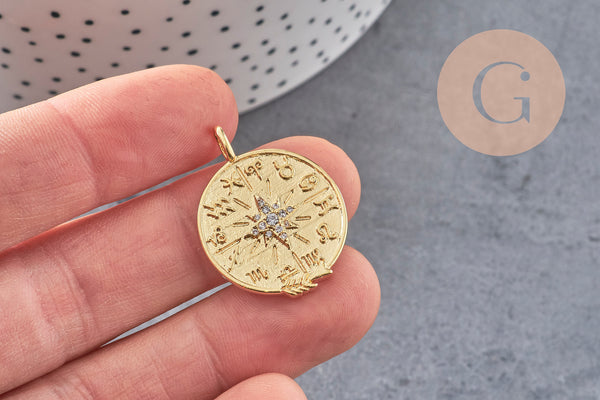 Pendentif médaille ronde boussolle étoile laiton doré 18K zircons, un pendentif doré avec cristal pour création bijoux,29.8mm, x1 (G7043)