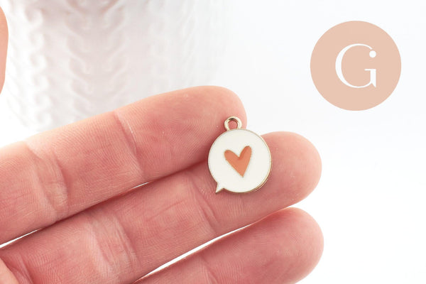 Pendentif médaille ronde coeur émail orange laiton doré 17.5mm, x1 (G4294)