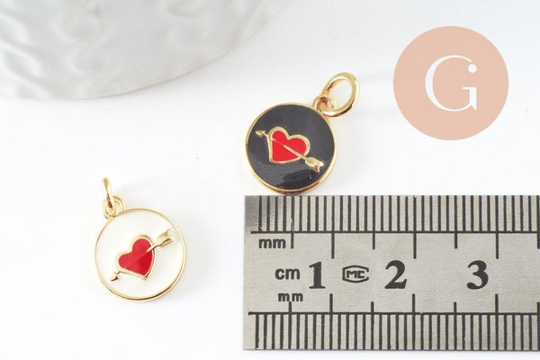 Pendentif médaille ronde coeur oeil émail rouge laiton doré ,pendentif laiton amour 14mm, x1 (G4292)