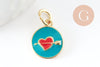 Pendentif médaille ronde coeur oeil émail rouge laiton doré ,pendentif laiton amour 14mm, x1 (G4292)