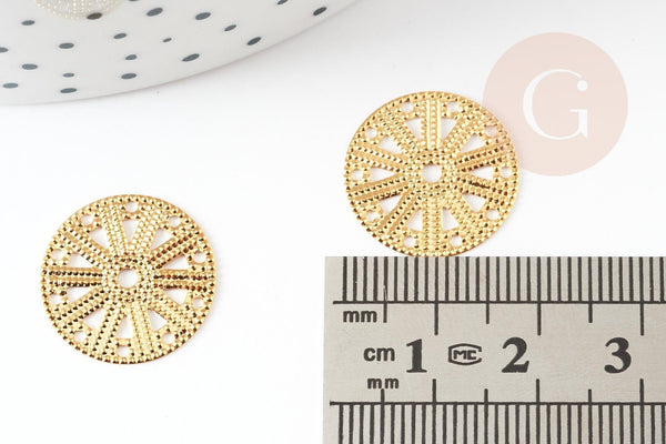 Pendentif médaille ronde dentelle acier doré, pendentif doré,sans nickel,acier doré,médaille or,17.5mm, x2 G4913