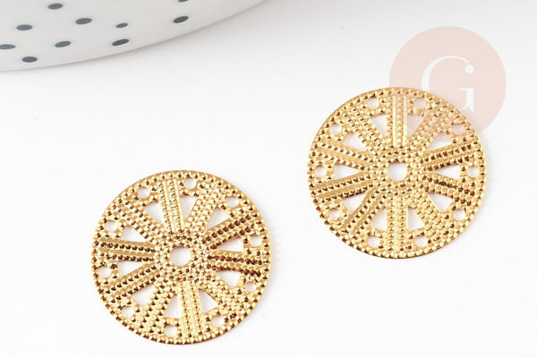 Pendentif médaille ronde dentelle acier doré, pendentif doré,sans nickel,acier doré,médaille or,17.5mm, x2 G4913