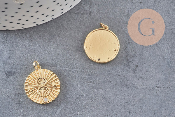 Pendentif médaille ronde infini laiton doré texturé, pendentif doré sans nickel pour la création bijoux,médaille or,22.5mm, x1 (G5286)