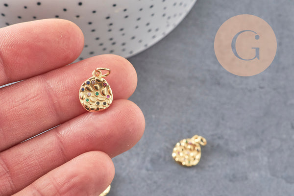 Pendentif médaille ronde laiton doré zircons coloré 13.6mm, un pendentif doré avec cristaux pour création bijoux, x1 (G6303)
