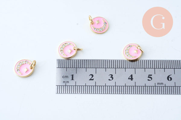 Pendentif médaille ronde lune émail rose laiton doré 18K et cristal zircon 10mm,pendentif laiton chance pour création bijoux,x1 G6076