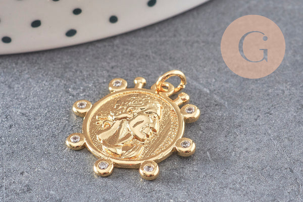 Pendentif médaille ronde monnaie zircons, pendentif doré, médaillon,métal doré, ,21mm x1 (G3476)
