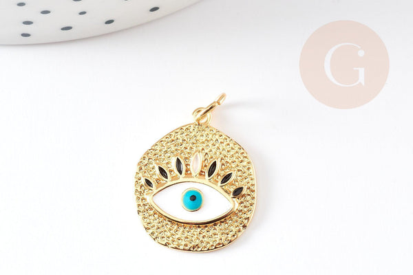 Pendentif médaille ronde oeil émail blanc laiton doré 18K et cristal zircon,pendentif laiton amour 22.5mm, x1 G3553