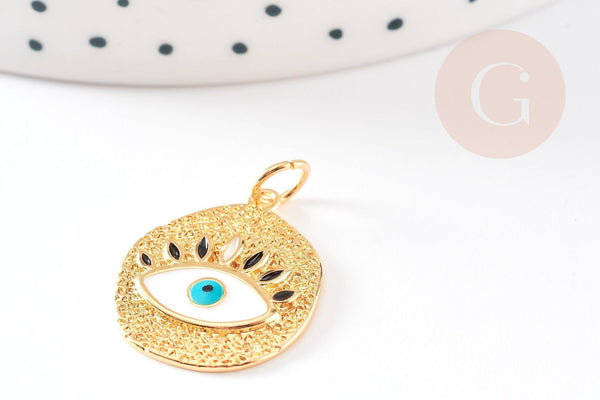 Pendentif médaille ronde oeil émail blanc laiton doré 18K zircon 22.5mm, x1 (G3553)