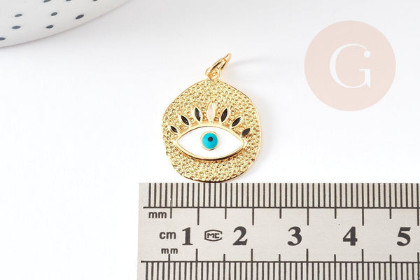 Pendentif médaille ronde oeil émail blanc laiton doré 18K zircon 22.5mm, x1 (G3553)