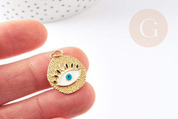 Pendentif médaille ronde oeil émail blanc laiton doré 18K zircon 22.5mm, x1 (G3553)