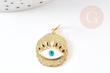 Pendentif médaille ronde oeil émail blanc laiton doré 18K zircon 22.5mm, x1 (G3553)