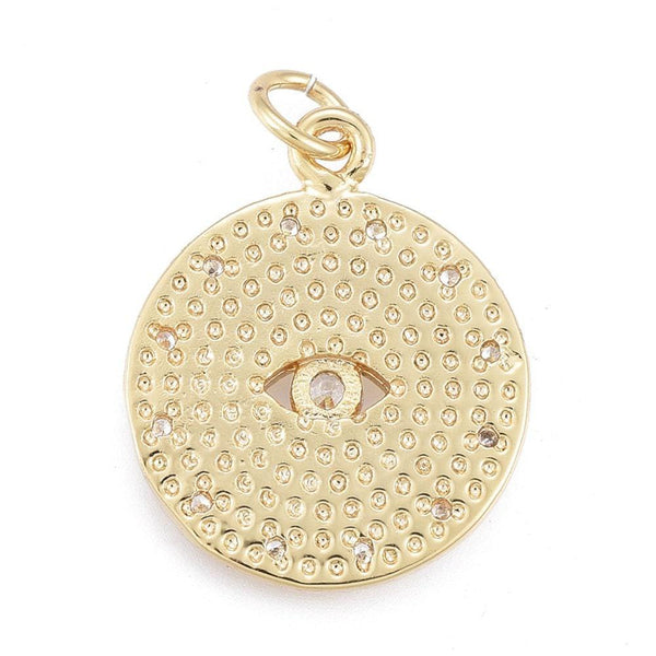 Pendentif médaille ronde oeil laiton doré 18K texturé zircon, pendentif doré sans nickel pour la création médaille or,19mm, x1 G4082