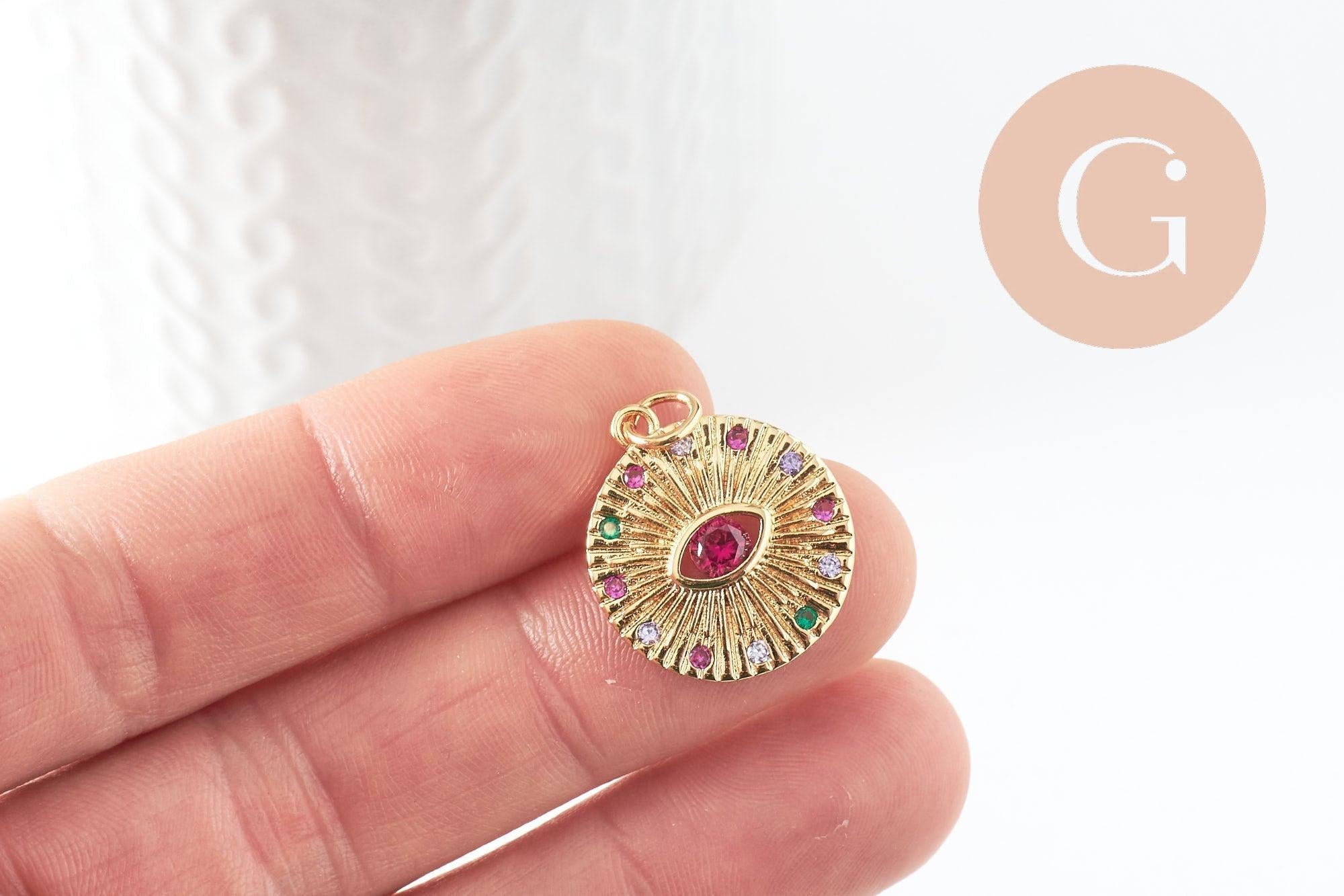 Pendentif médaille ronde oeil laiton doré 18K zircons multicolore 23.5mm,médaille or, x1 (G5857)
