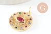 Pendentif médaille ronde oeil laiton doré 18K zircons multicolore 23.5mm,médaille or, x1 (G5857)