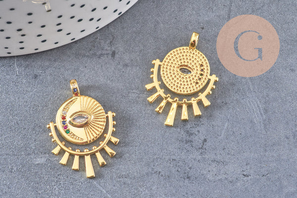 Pendentif médaille ronde oeil laiton doré 18K zircons,pendentif doré original pour la création bijoux chance,31mm, x1 (G4656)