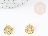 Pendentif médaille ronde oeil laiton doré texturé zircon 12mm, x1 (G3331)