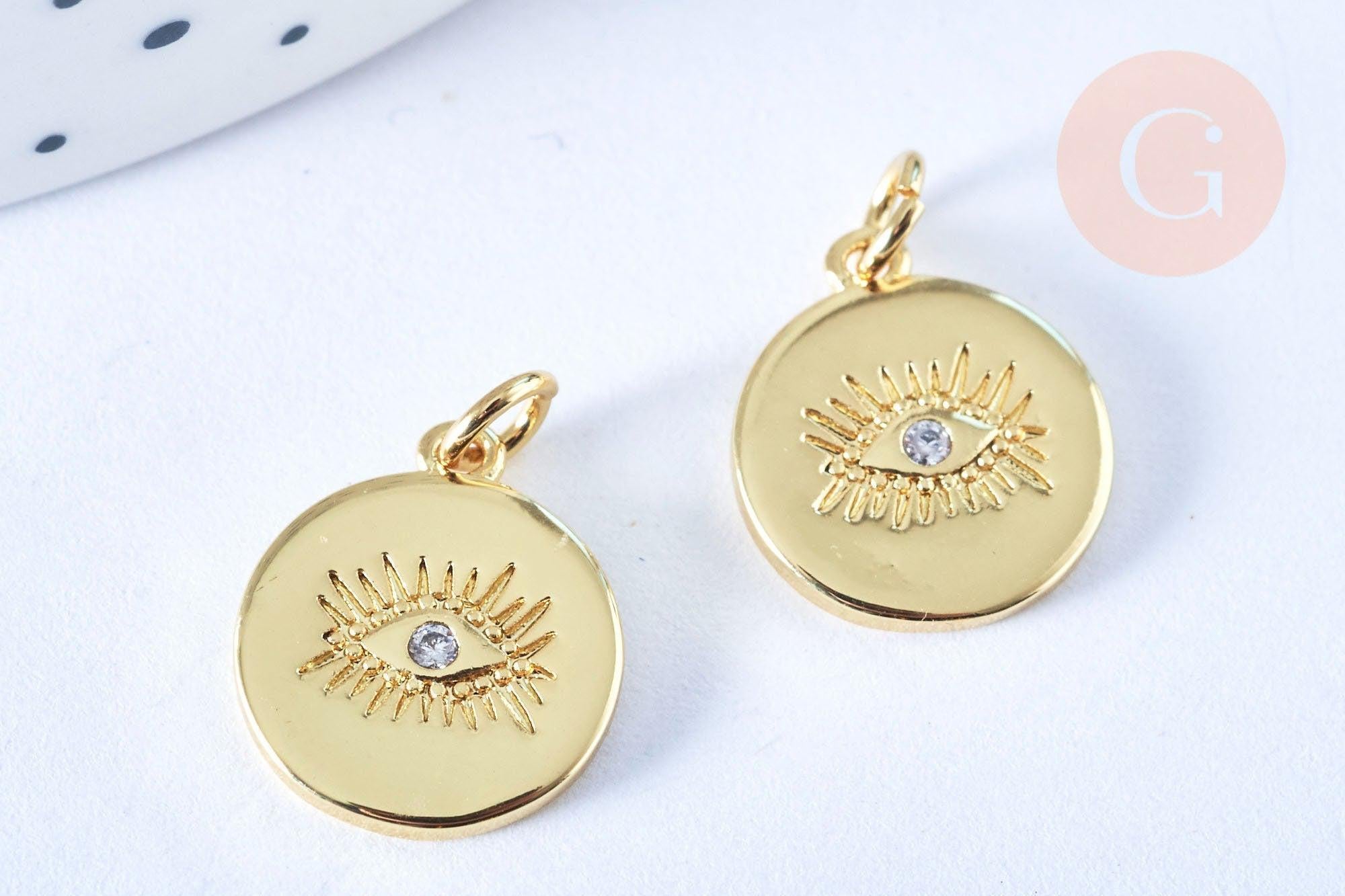Pendentif médaille ronde oeil laiton doré zircon 15mm, x1 (G3179)