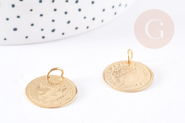 Pendentif médaille ronde pièce acier 304 inoxydable doré 20mm, x1 (G5571)